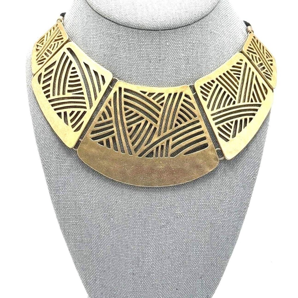 Chunky Geometric Statement Necklace Gold Tone Bib‎ Collar - Picture 4 of 6